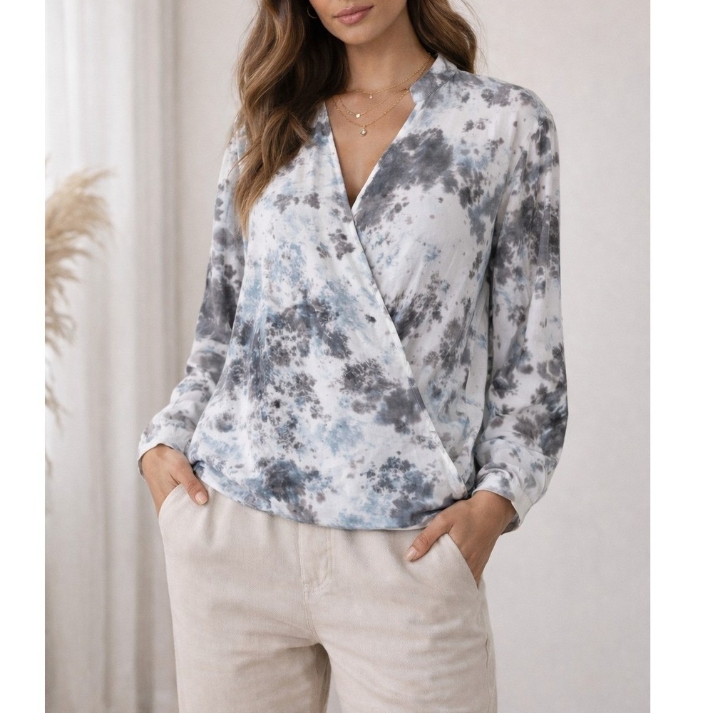Ee:some Neutral Tie Dye Wrap Blouse Size M Flowy VNeck Top Soft Long-Sleeve Chic